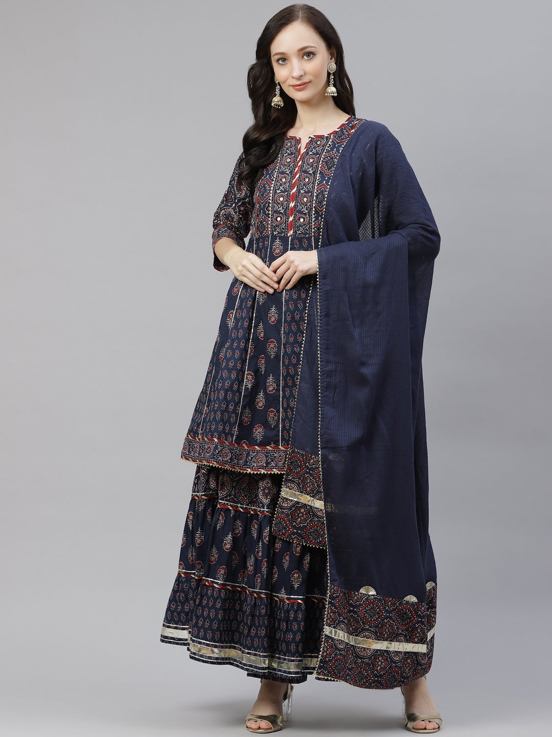 Women'S Indigo Cotton Short Kurti Sharara Set With Dupatta | LASVINI - Redefining Indian Fashion with Elegance