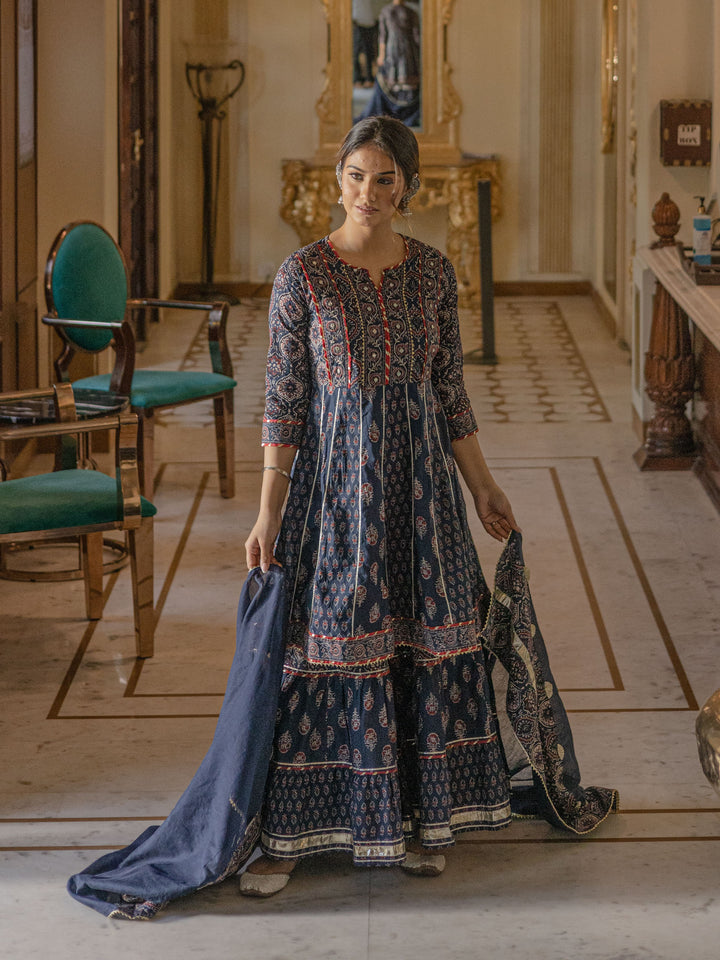 Women'S Indigo Cotton Short Kurti Sharara Set With Dupatta | LASVINI - Redefining Indian Fashion with Elegance