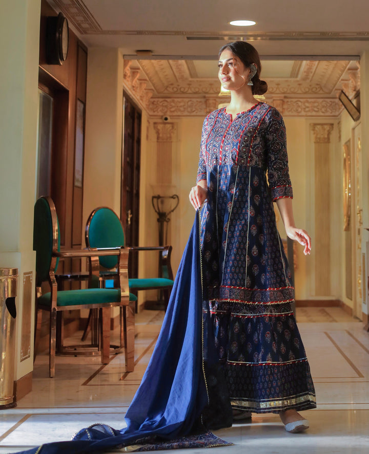 Women'S Indigo Cotton Short Kurti Sharara Set With Dupatta | LASVINI - Redefining Indian Fashion with Elegance