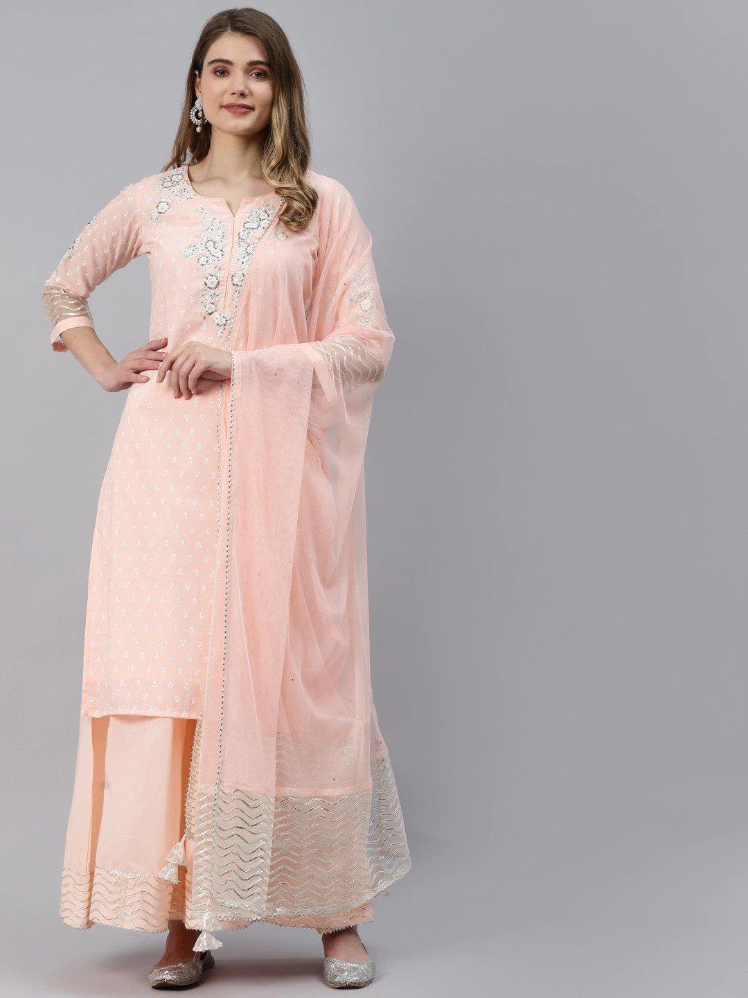 Light Pink Kurta Palazzo Set With Net Dupatta | LASVINI - Redefining Indian Fashion with Elegance
