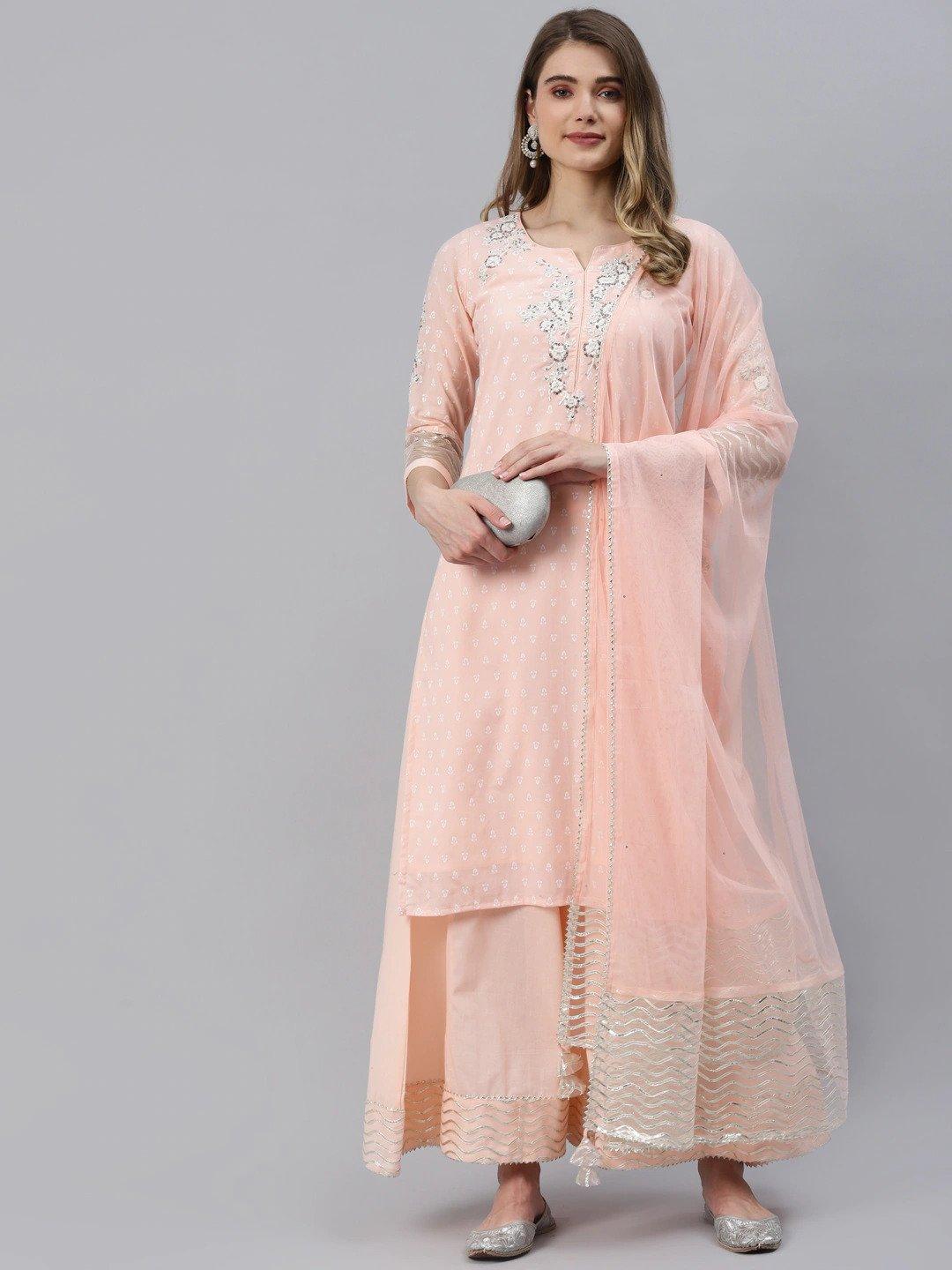 Light Pink Kurta Palazzo Set With Net Dupatta | LASVINI - Redefining Indian Fashion with Elegance