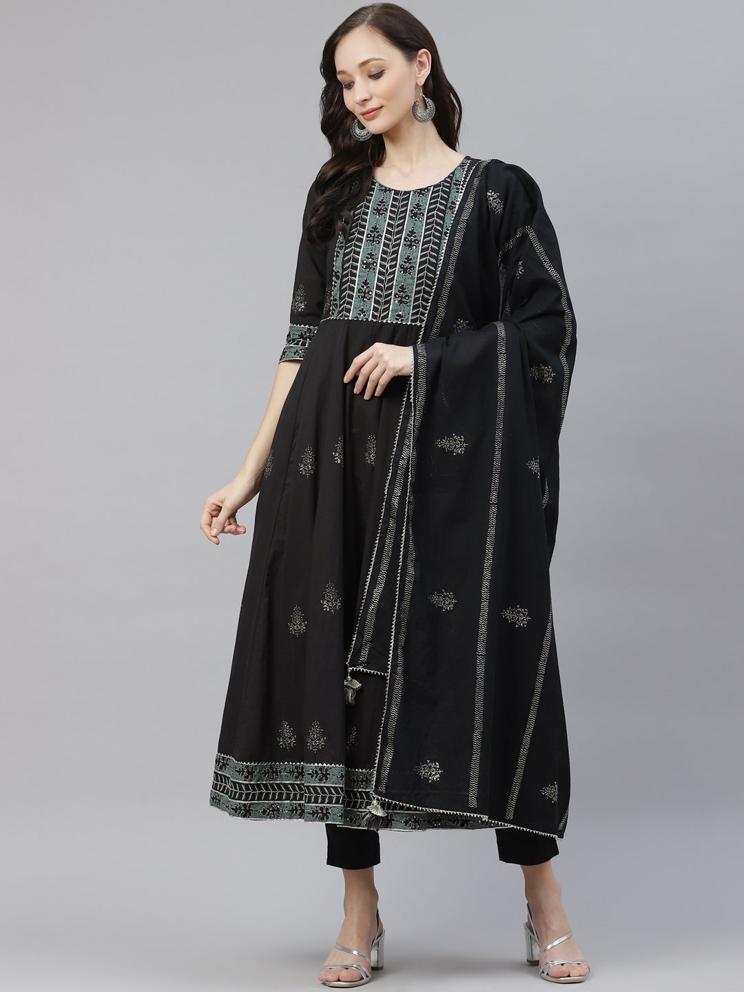 Women'S Black Cotton Anarkali Kurta Pant Set With Dupatta | LASVINI - Redefining Indian Fashion with Elegance