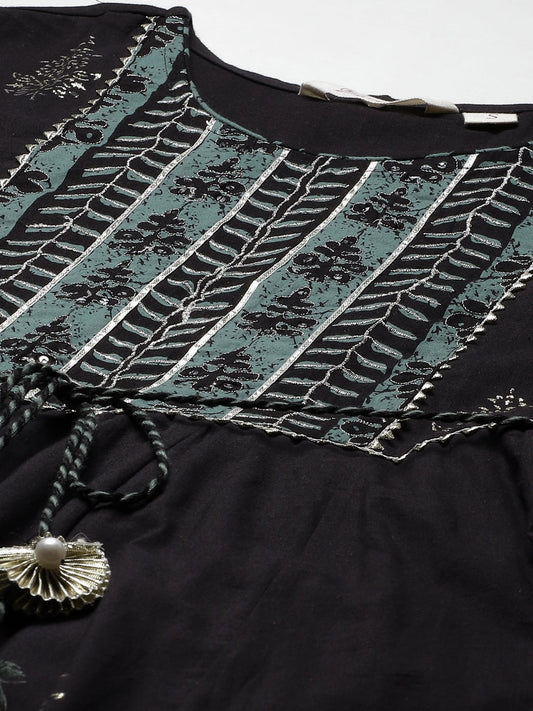 Women'S Black Cotton Anarkali Kurta Pant Set With Dupatta | LASVINI - Redefining Indian Fashion with Elegance