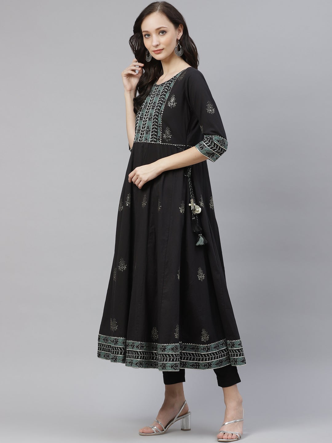 Women'S Black Cotton Anarkali Kurta Pant Set With Dupatta | LASVINI - Redefining Indian Fashion with Elegance