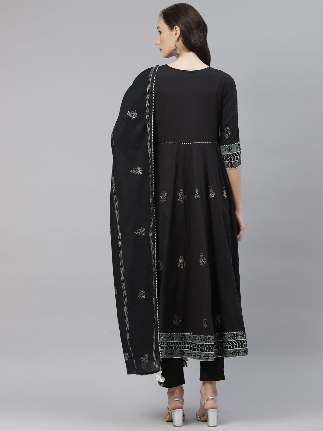 Women'S Black Cotton Anarkali Kurta Pant Set With Dupatta | LASVINI - Redefining Indian Fashion with Elegance