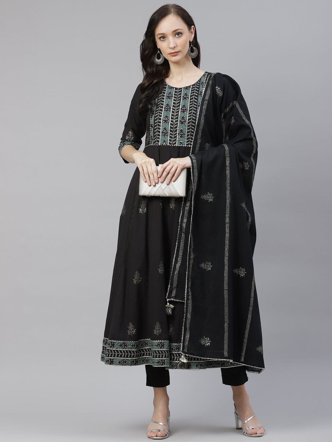 Women'S Black Cotton Anarkali Kurta Pant Set With Dupatta | LASVINI - Redefining Indian Fashion with Elegance