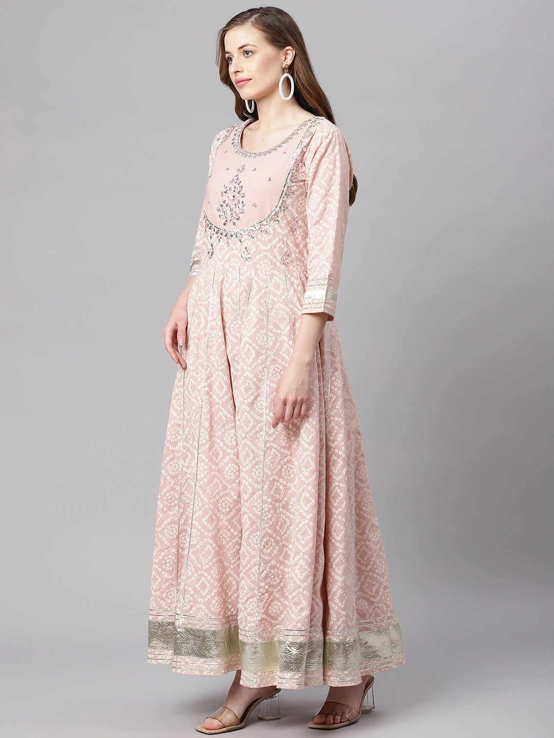 Women'S Light Pink Cotton Anarkali Gown Pant Set With Net Dupatta | LASVINI - Redefining Indian Fashion with Elegance
