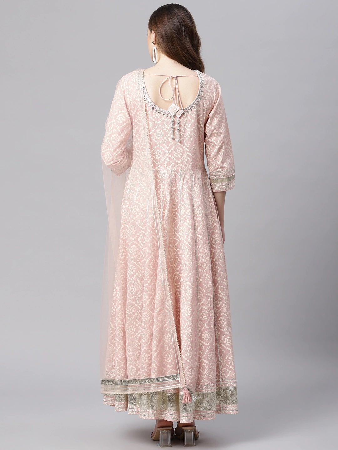 Women'S Light Pink Cotton Anarkali Gown Pant Set With Net Dupatta | LASVINI - Redefining Indian Fashion with Elegance
