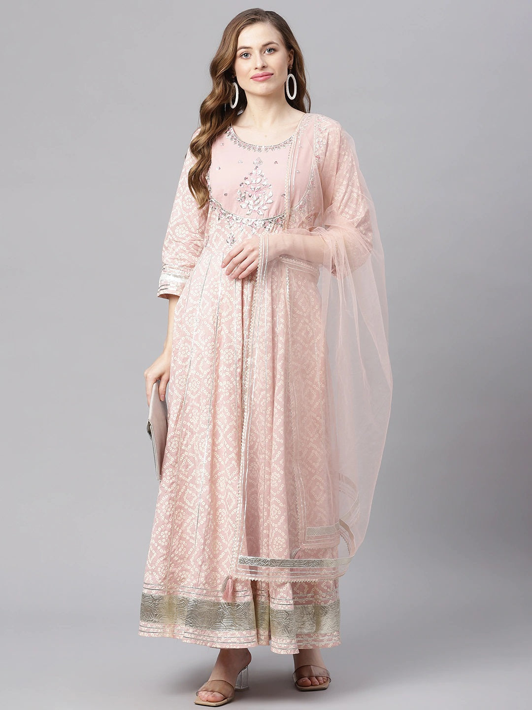 Women'S Light Pink Cotton Anarkali Gown Pant Set With Net Dupatta | LASVINI - Redefining Indian Fashion with Elegance