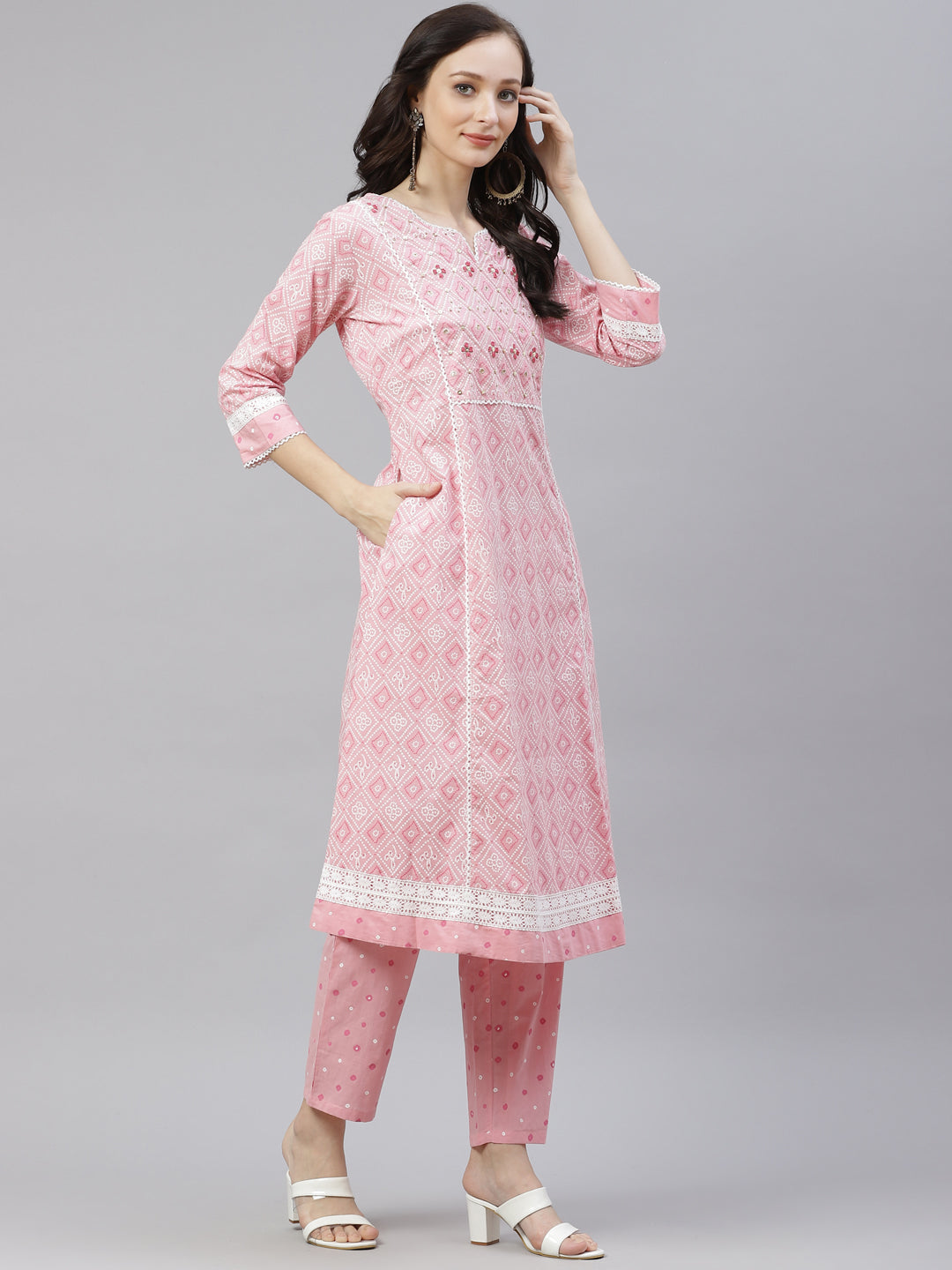 Women'S Pink Cotton A-Line Kurta Pant Set With Dupatta | LASVINI - Redefining Indian Fashion with Elegance