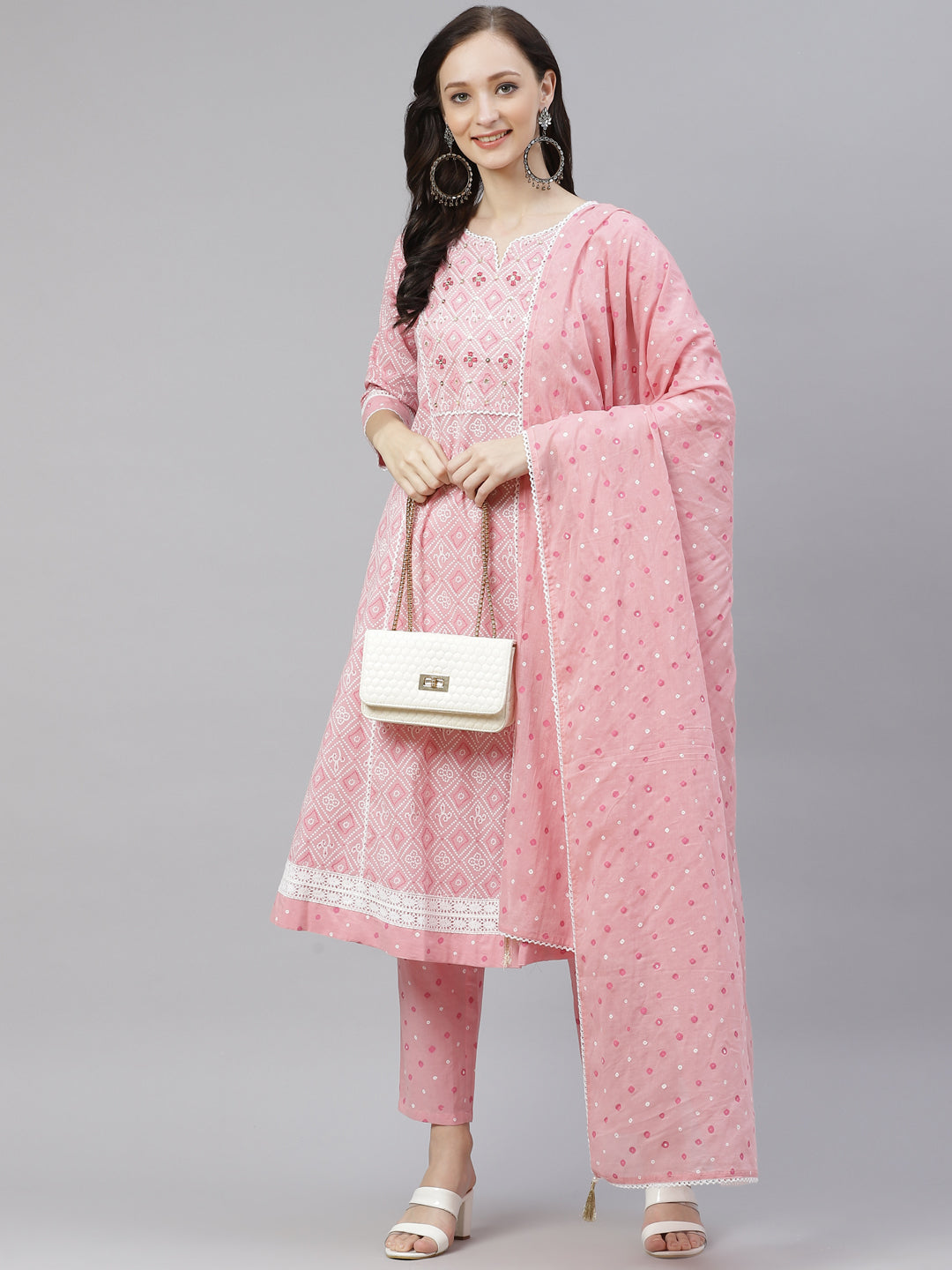 Women'S Pink Cotton A-Line Kurta Pant Set With Dupatta | LASVINI - Redefining Indian Fashion with Elegance