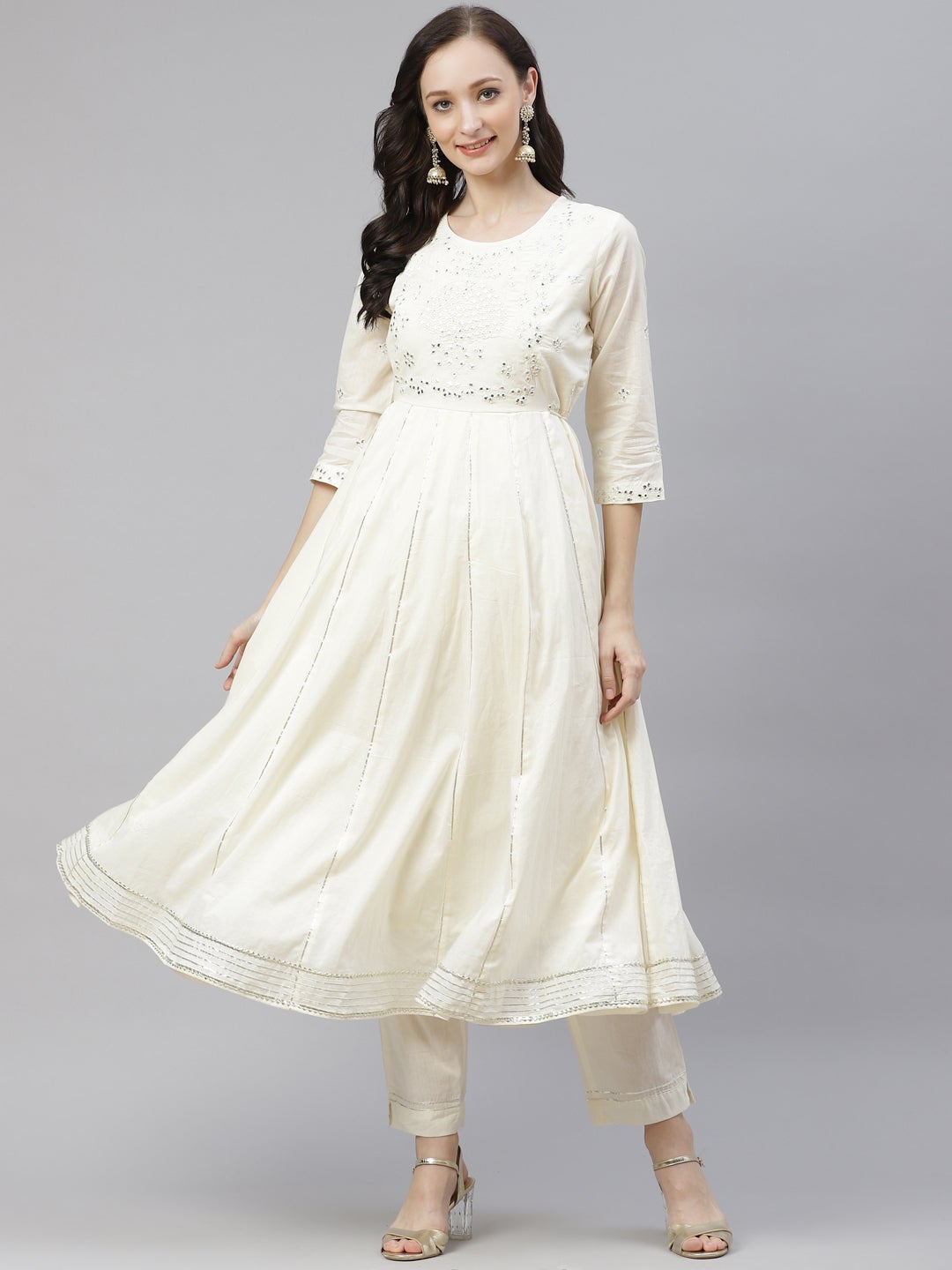 Women'S Off White Cotton Anarkali Kurta Pant Set | LASVINI - Redefining Indian Fashion with Elegance