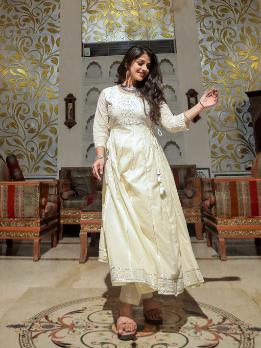 Women Off White Cotton Anarkali Kurta Pant Set | LASVINI - Redefining Indian Fashion with Elegance
