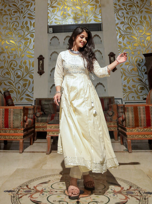 Women'S Off White Cotton Anarkali Kurta Pant Set | LASVINI - Redefining Indian Fashion with Elegance