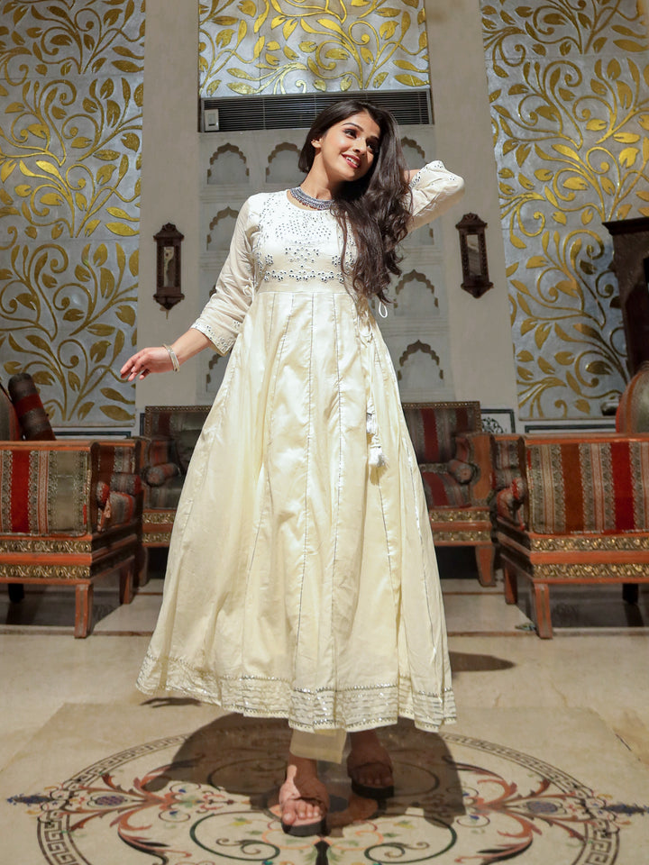 Women'S Off White Cotton Anarkali Kurta Pant Set | LASVINI - Redefining Indian Fashion with Elegance