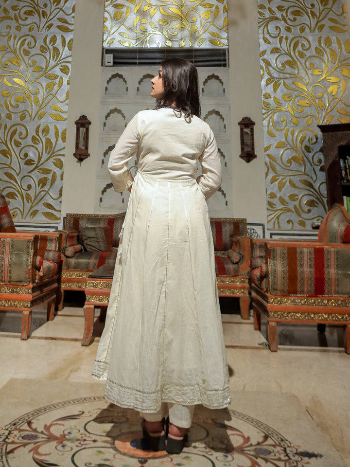 Women'S Off White Cotton Anarkali Kurta Pant Set | LASVINI - Redefining Indian Fashion with Elegance