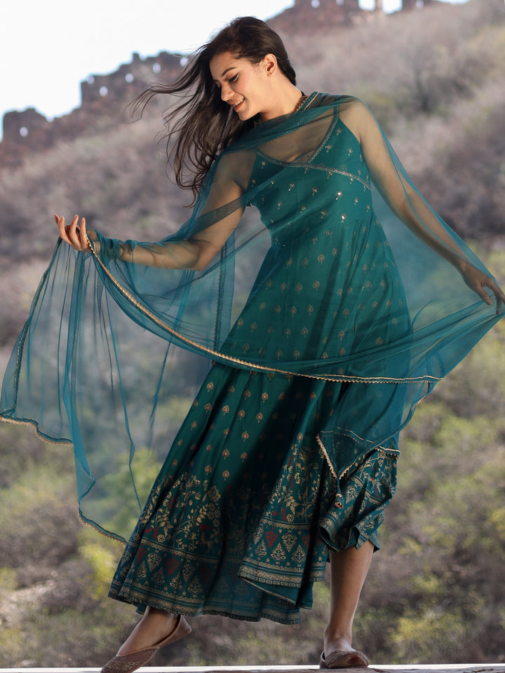 Women'S Rama Green Rayon Shoulder Strip Anarkali Kurta With Net Dupatta | LASVINI - Redefining Indian Fashion with Elegance