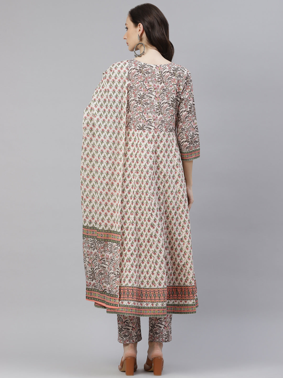 Women'S Off White Floral Anarkali Kurta Pant Set With Dupatta | LASVINI - Redefining Indian Fashion with Elegance