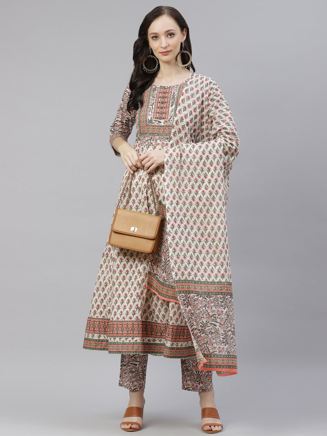 Women'S Off White Floral Anarkali Kurta Pant Set With Dupatta | LASVINI - Redefining Indian Fashion with Elegance