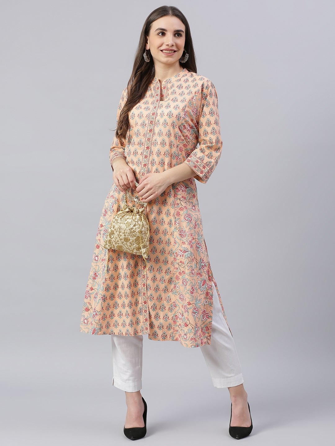 Women'S Peach Cotton A-Line Kurta | LASVINI - Redefining Indian Fashion with Elegance