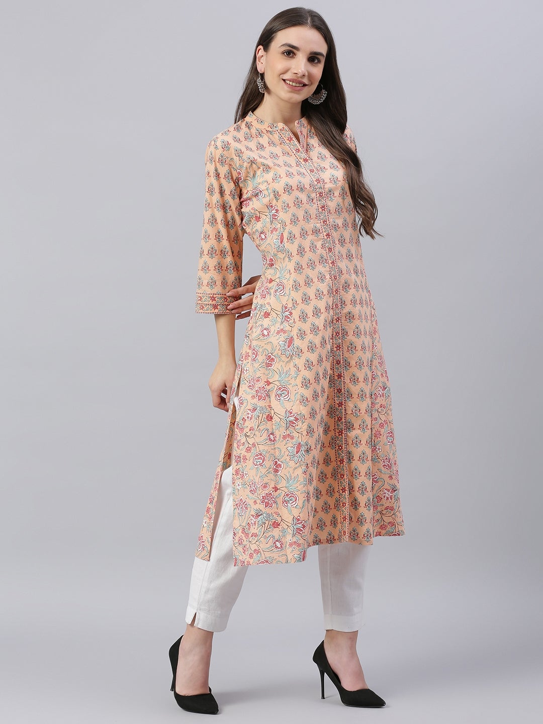 Women'S Peach Cotton A-Line Kurta | LASVINI - Redefining Indian Fashion with Elegance
