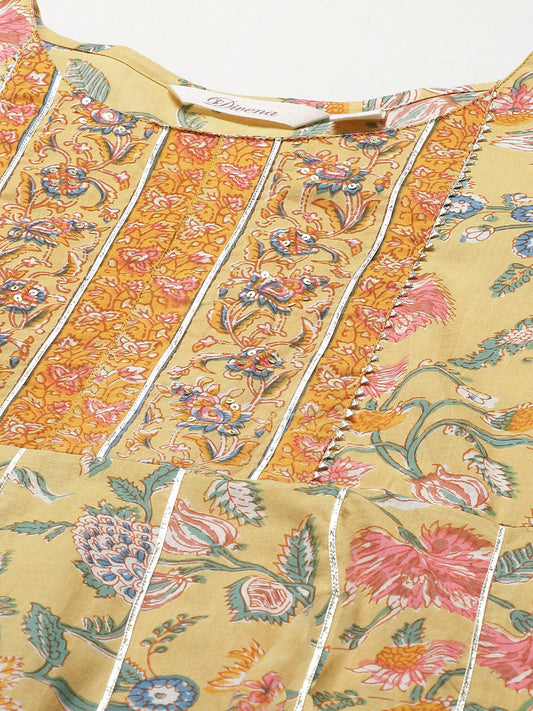 Women'S Yellow Floral Anarkali Pant Set With Dupatta | LASVINI - Redefining Indian Fashion with Elegance