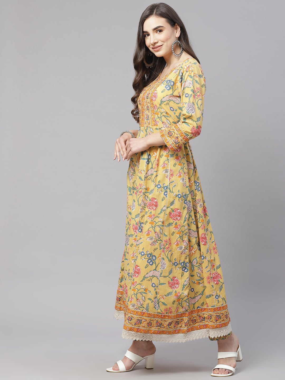 Women'S Yellow Floral Anarkali Pant Set With Dupatta | LASVINI - Redefining Indian Fashion with Elegance