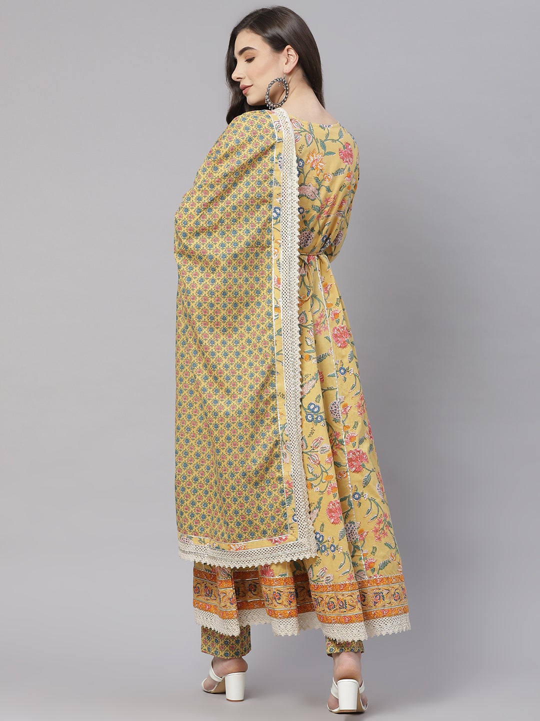 Women'S Yellow Floral Anarkali Pant Set With Dupatta | LASVINI - Redefining Indian Fashion with Elegance