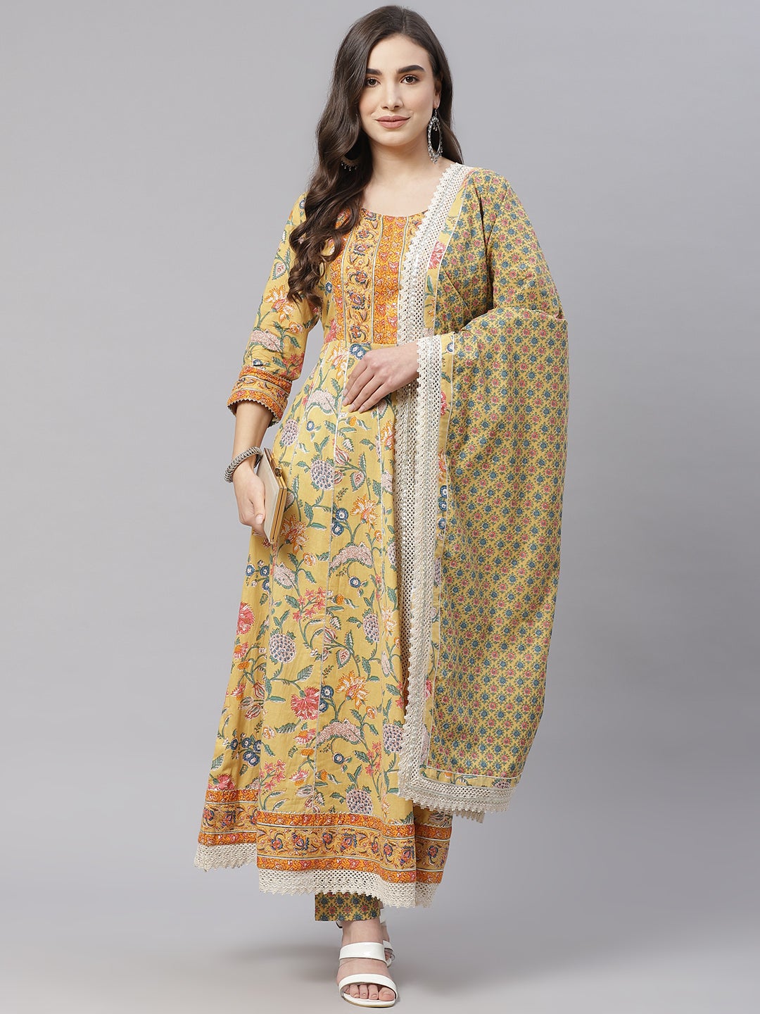 Women'S Yellow Floral Anarkali Pant Set With Dupatta | LASVINI - Redefining Indian Fashion with Elegance