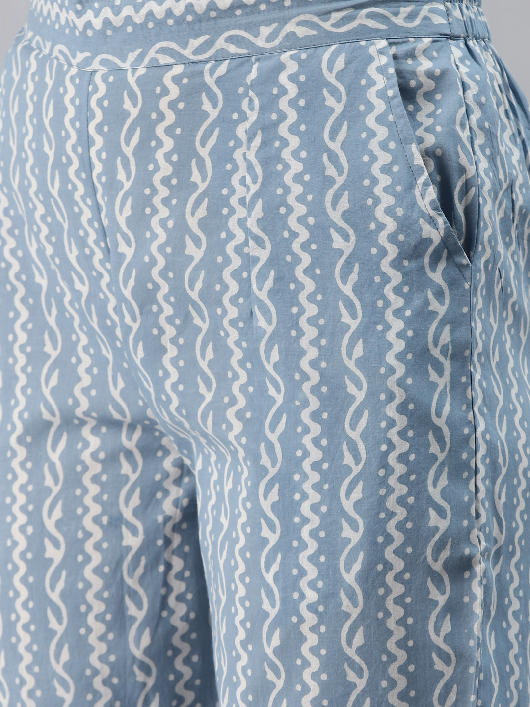 Women'S Skyblue Block Print Cotton A-Line Kurta With Pant Set | LASVINI - Redefining Indian Fashion with Elegance