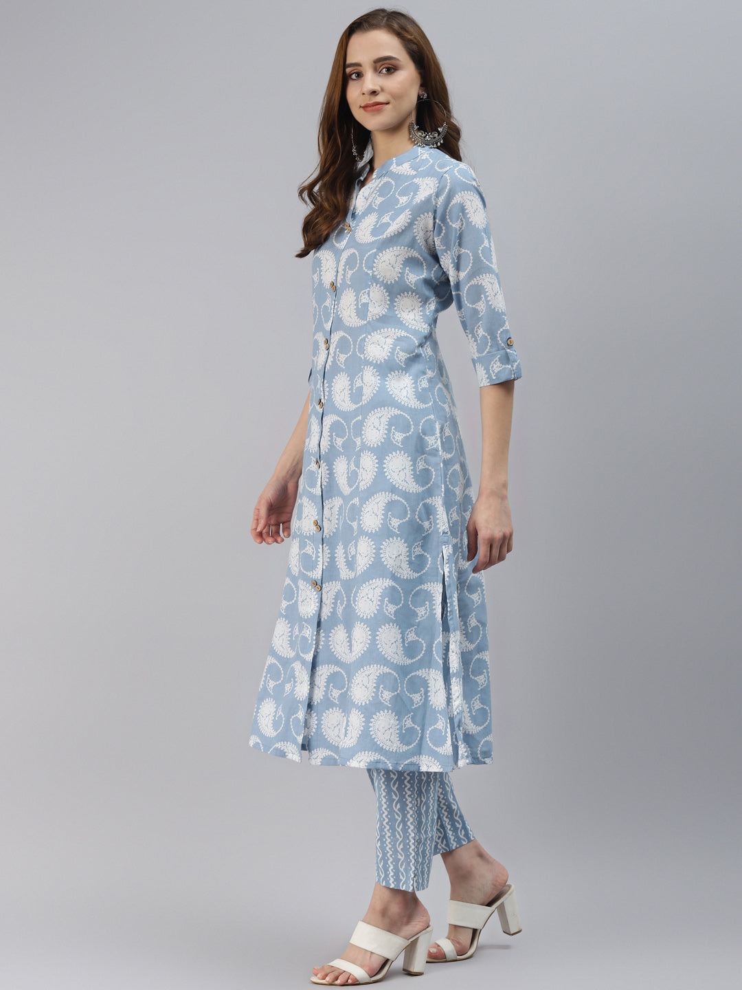 Women'S Skyblue Block Print Cotton A-Line Kurta With Pant Set | LASVINI - Redefining Indian Fashion with Elegance