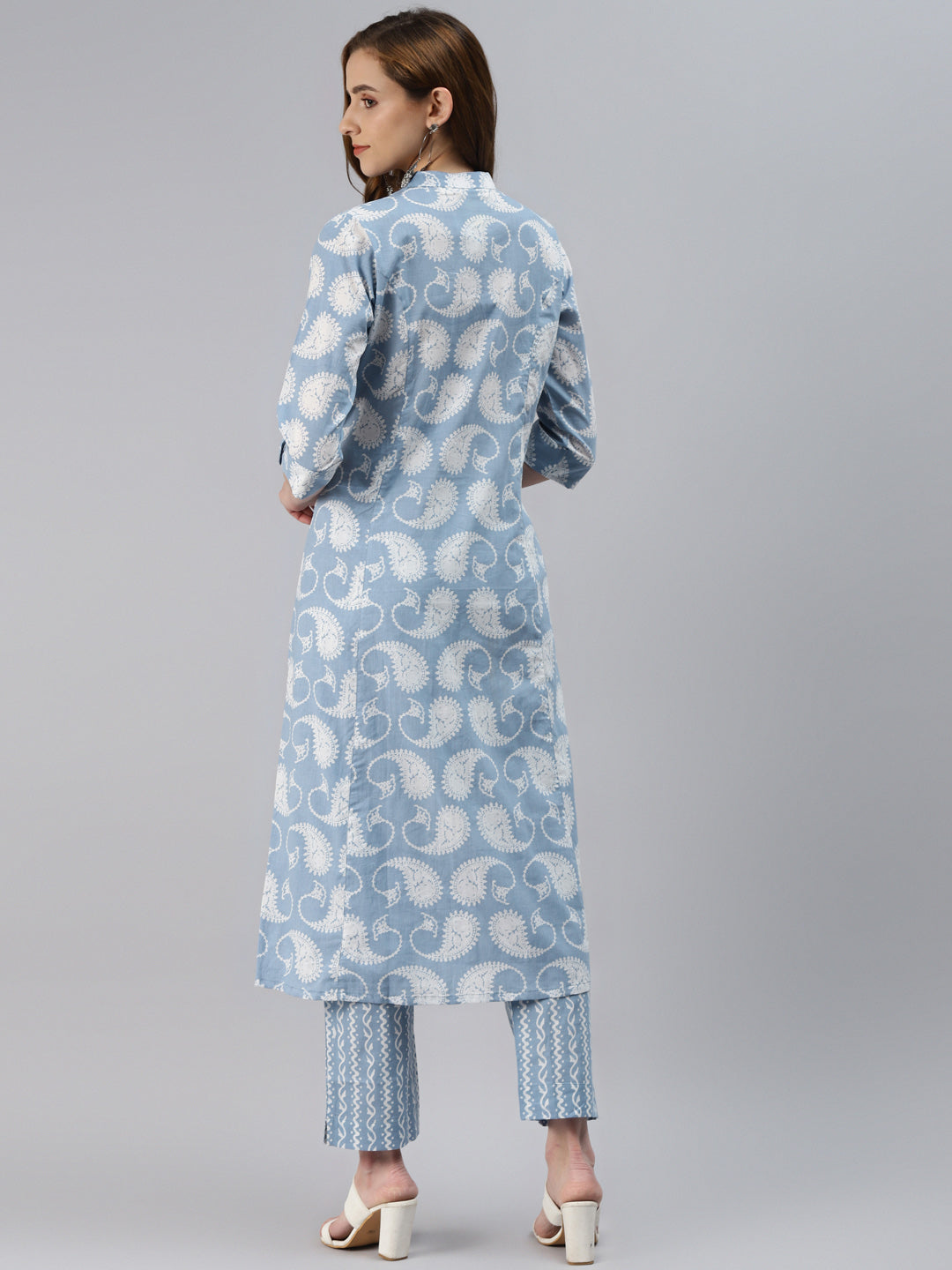 Women'S Skyblue Block Print Cotton A-Line Kurta With Pant Set | LASVINI - Redefining Indian Fashion with Elegance