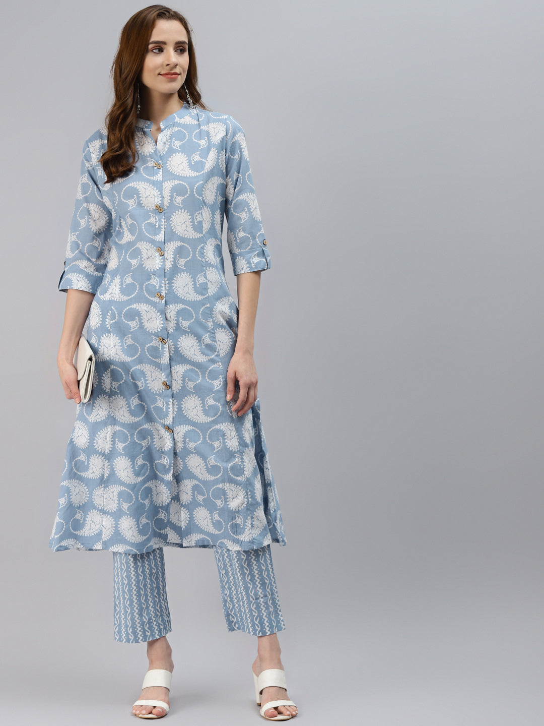 Women'S Skyblue Block Print Cotton A-Line Kurta With Pant Set | LASVINI - Redefining Indian Fashion with Elegance