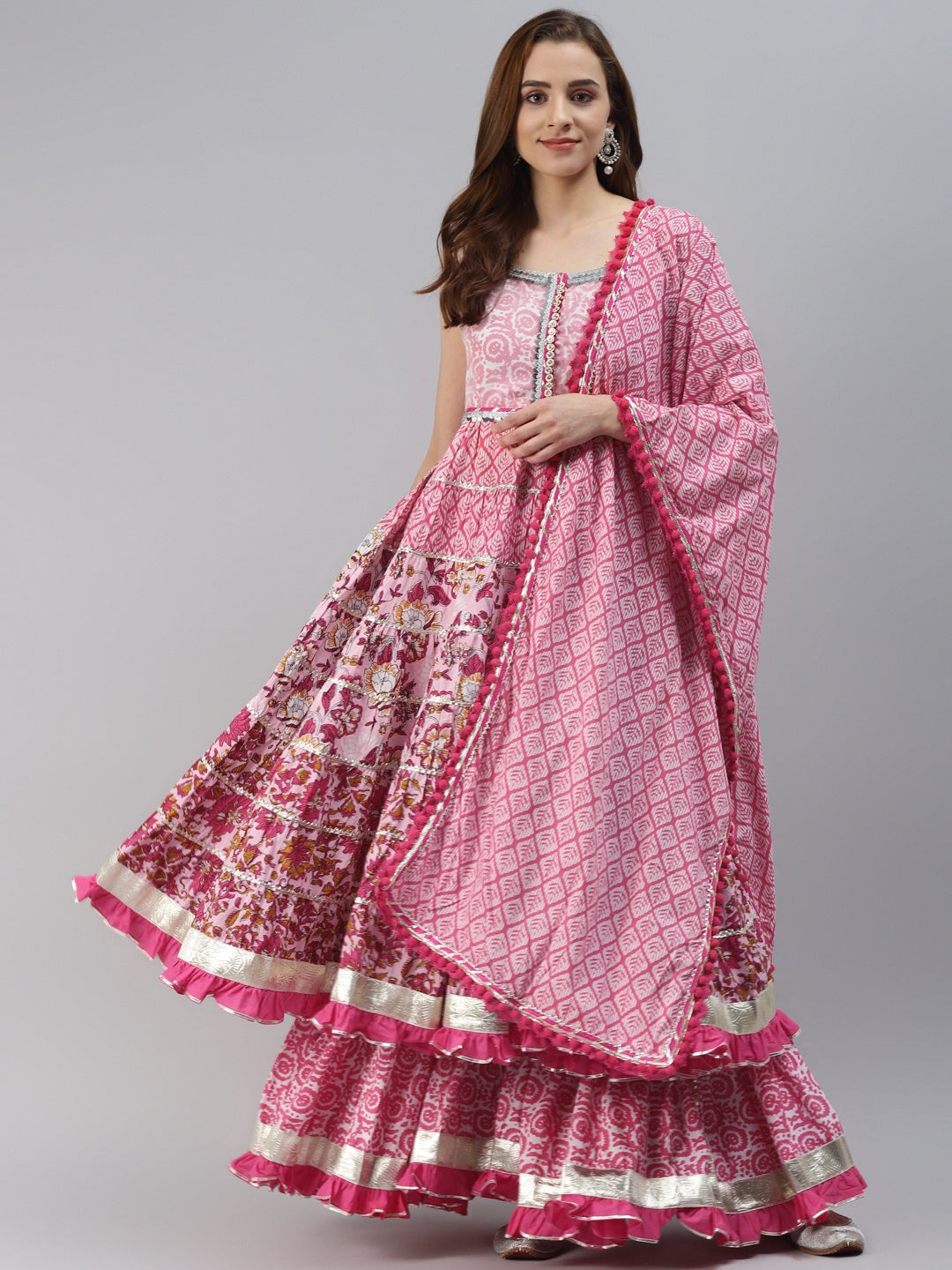 Women'S Pink Cotton Sleeves Less Anarkali Sharara Set With Dupatta | LASVINI - Redefining Indian Fashion with Elegance