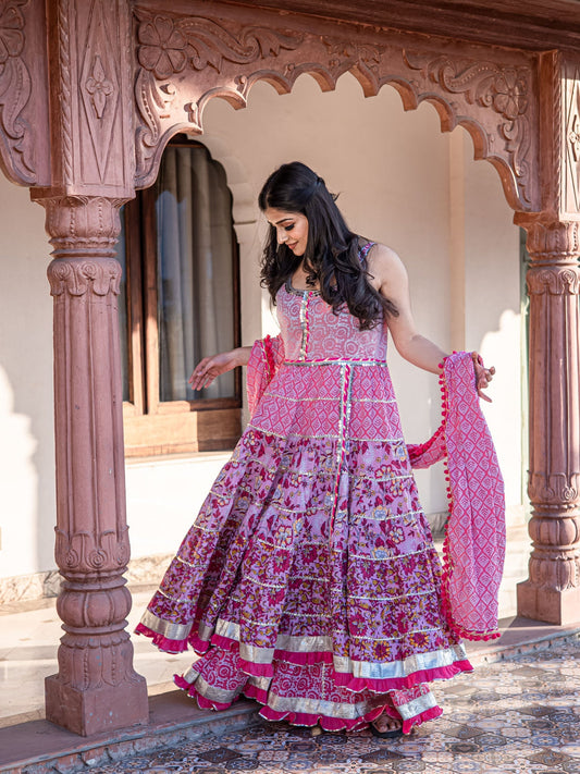 Women Pink Cotton Sleeves Less Anarkali Sharara Set With Dupatta | LASVINI - Redefining Indian Fashion with Elegance
