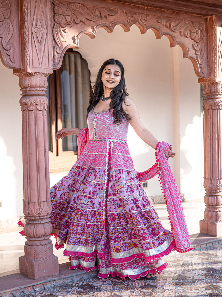 Women'S Pink Cotton Sleeves Less Anarkali Sharara Set With Dupatta | LASVINI - Redefining Indian Fashion with Elegance