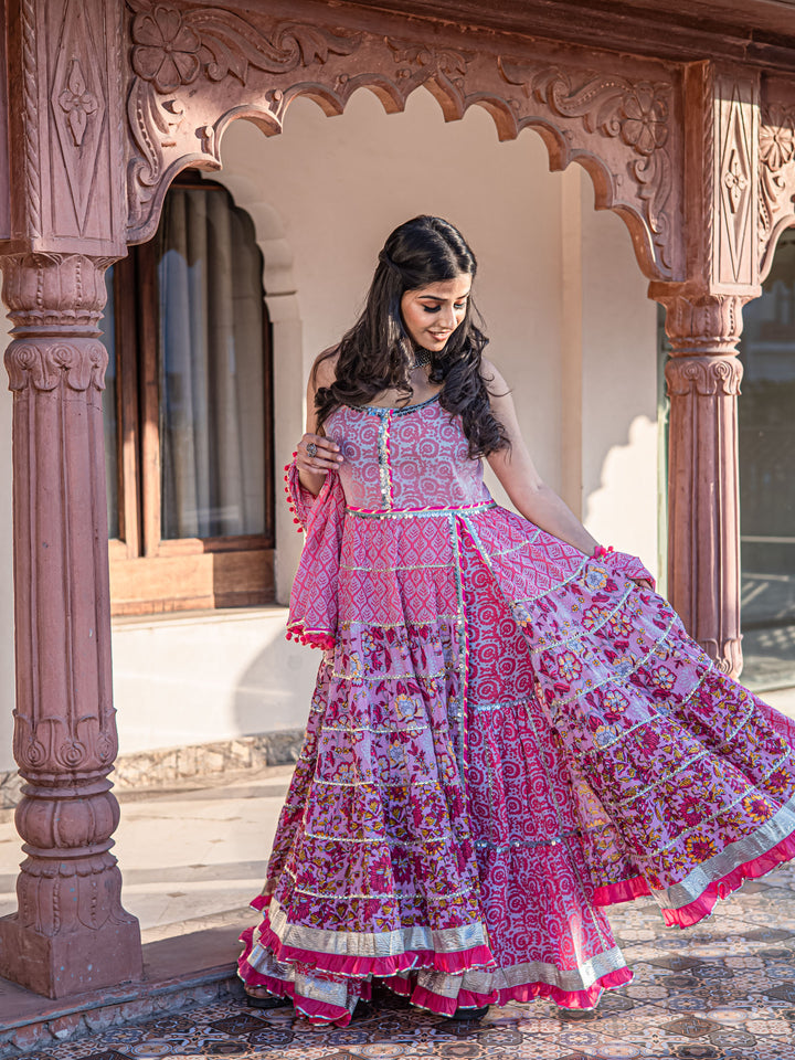 Women'S Pink Cotton Sleeves Less Anarkali Sharara Set With Dupatta | LASVINI - Redefining Indian Fashion with Elegance