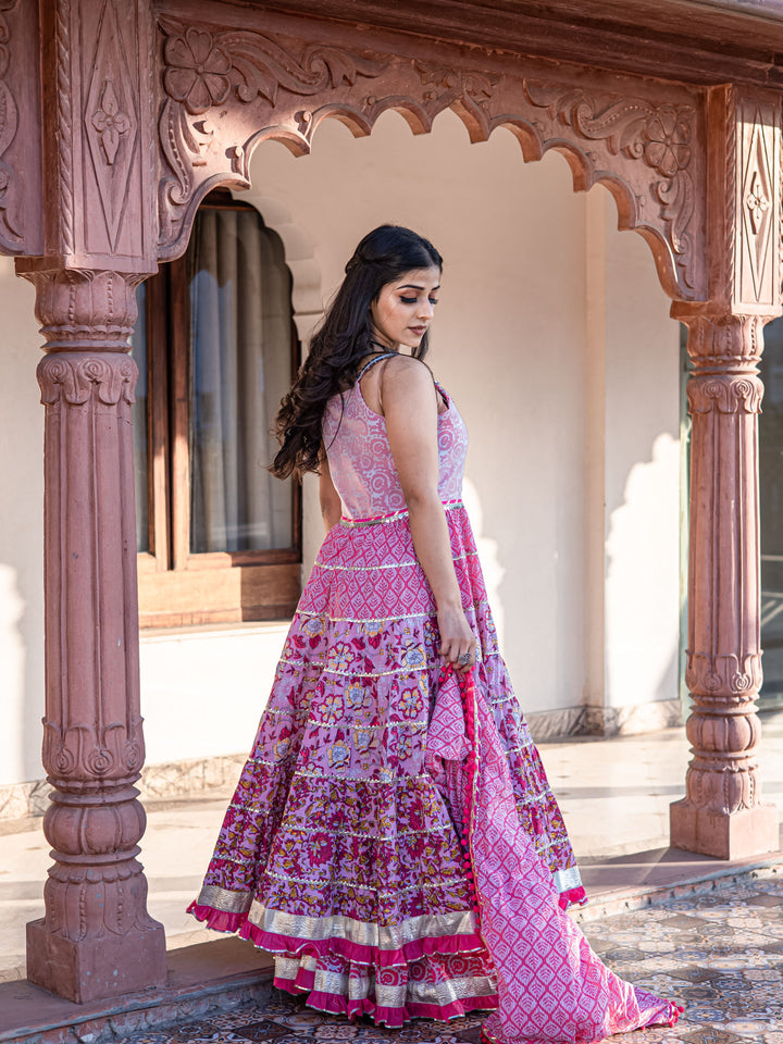 Women'S Pink Cotton Sleeves Less Anarkali Sharara Set With Dupatta | LASVINI - Redefining Indian Fashion with Elegance