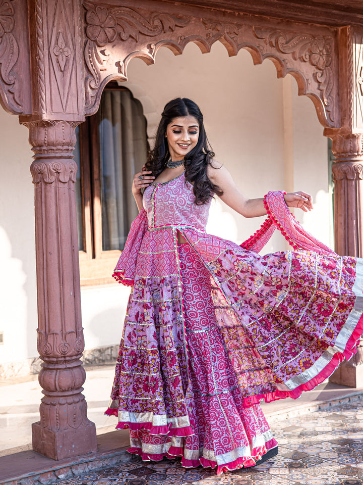 Women'S Pink Cotton Sleeves Less Anarkali Sharara Set With Dupatta | LASVINI - Redefining Indian Fashion with Elegance