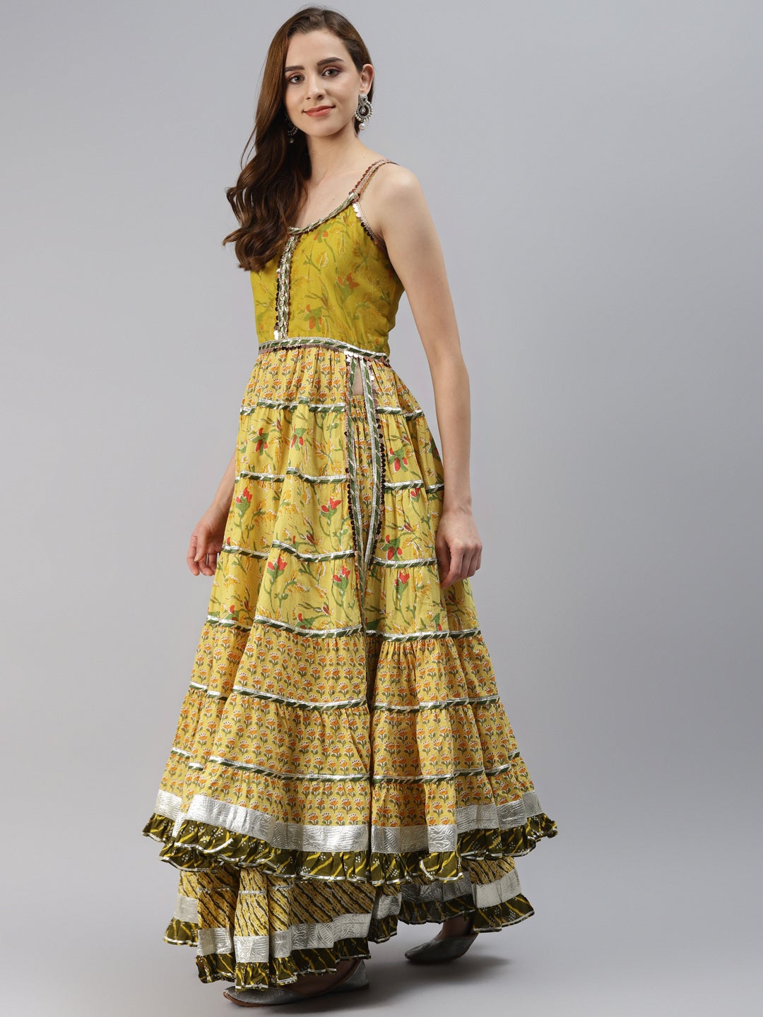 Women'S Yellow Cotton Sleeves Less Anarkali Skirt Set With Dupatta | LASVINI - Redefining Indian Fashion with Elegance