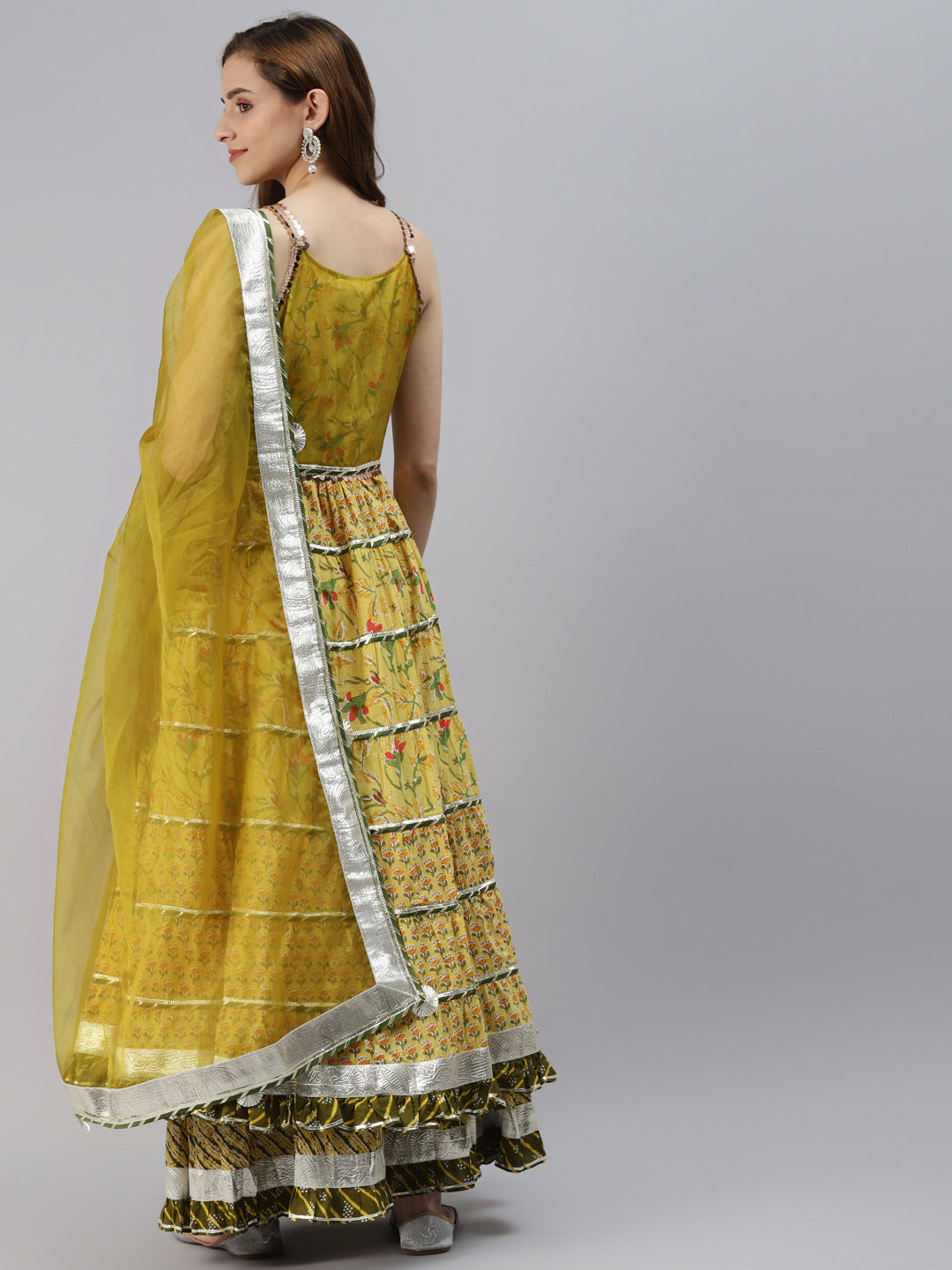 Women'S Yellow Cotton Sleeves Less Anarkali Skirt Set With Dupatta | LASVINI - Redefining Indian Fashion with Elegance