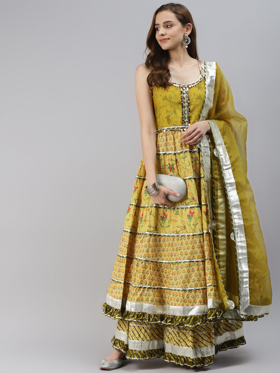Women'S Yellow Cotton Sleeves Less Anarkali Skirt Set With Dupatta | LASVINI - Redefining Indian Fashion with Elegance
