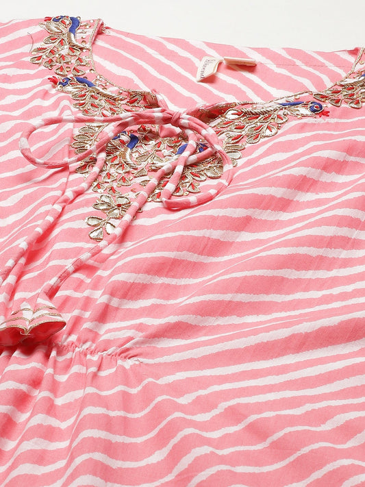 Women'S Baby Pink Cotton Laheriya Kaftan | LASVINI - Redefining Indian Fashion with Elegance