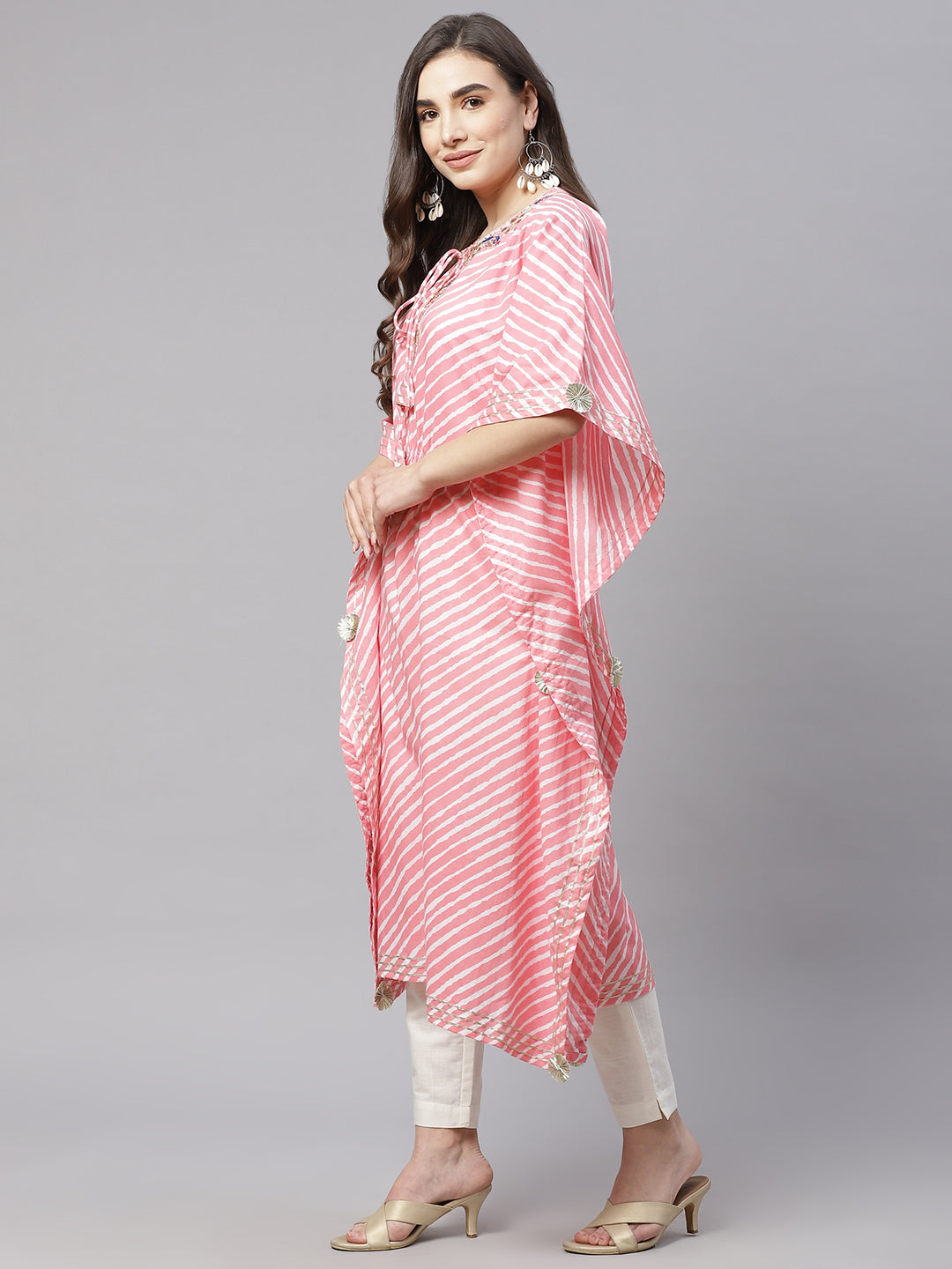 Women'S Baby Pink Cotton Laheriya Kaftan | LASVINI - Redefining Indian Fashion with Elegance