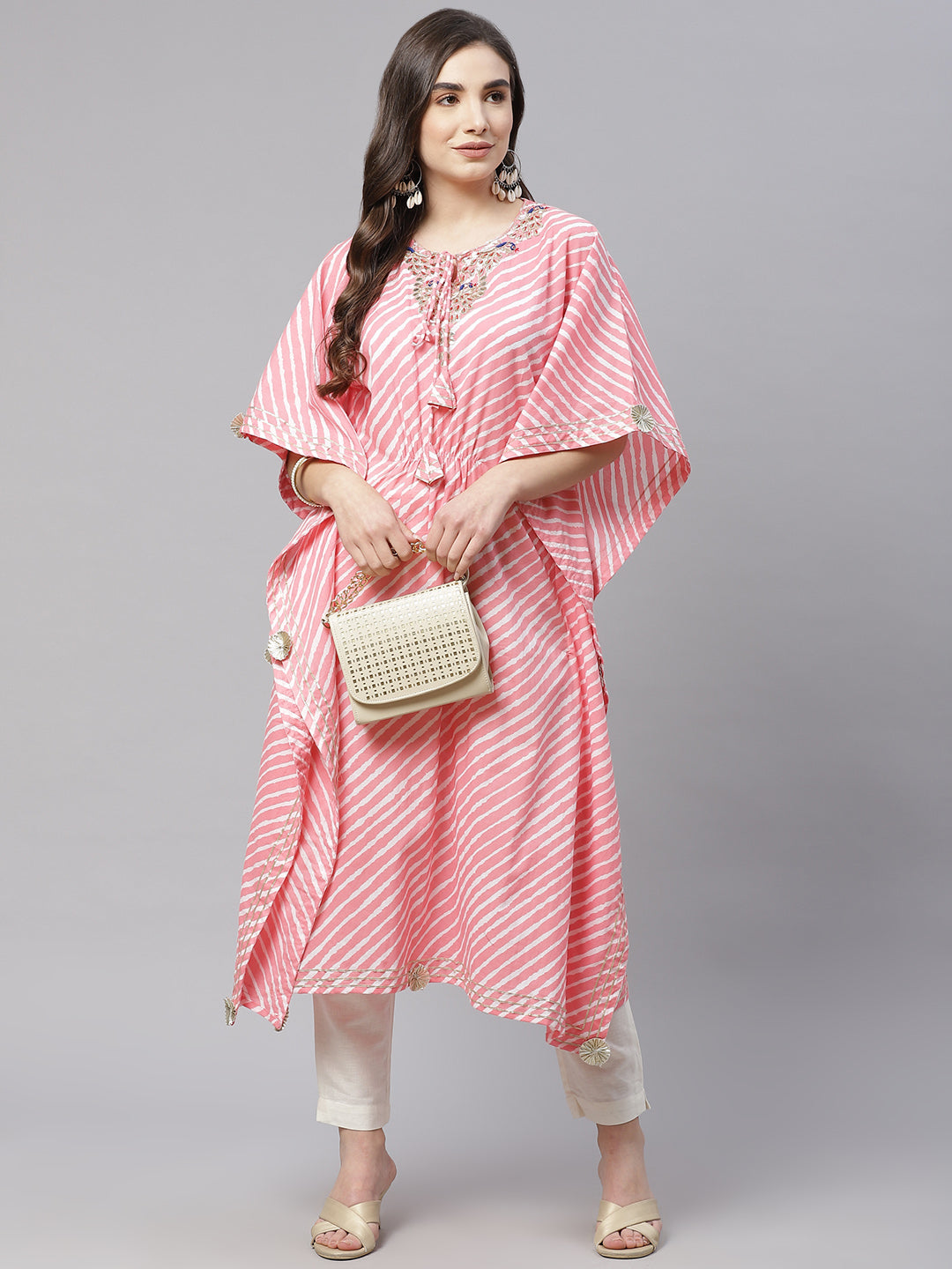 Women'S Baby Pink Cotton Laheriya Kaftan | LASVINI - Redefining Indian Fashion with Elegance
