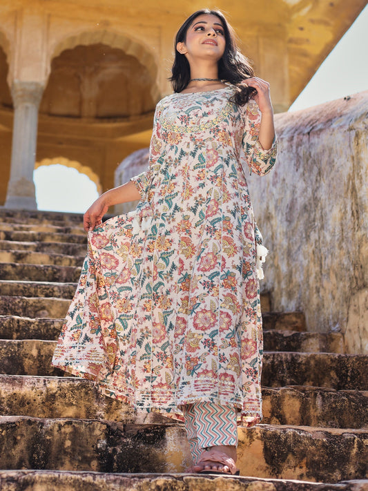 Women Off White Cotton Anarkali Kurta Pant Set | LASVINI - Redefining Indian Fashion with Elegance