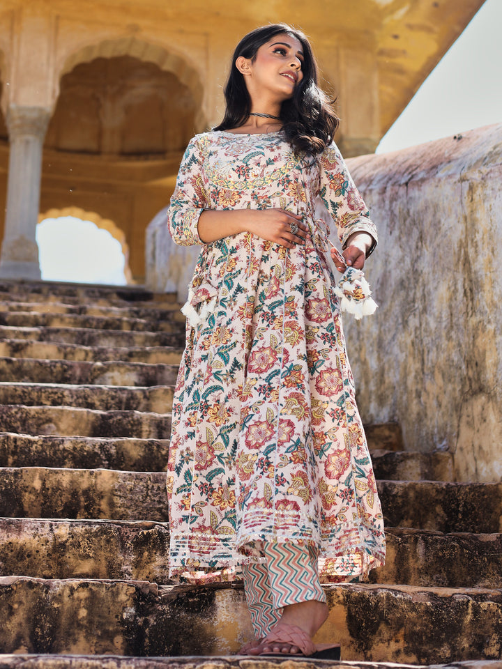 Women'S Off White Cotton Anarkali Kurta Pant Set | LASVINI - Redefining Indian Fashion with Elegance