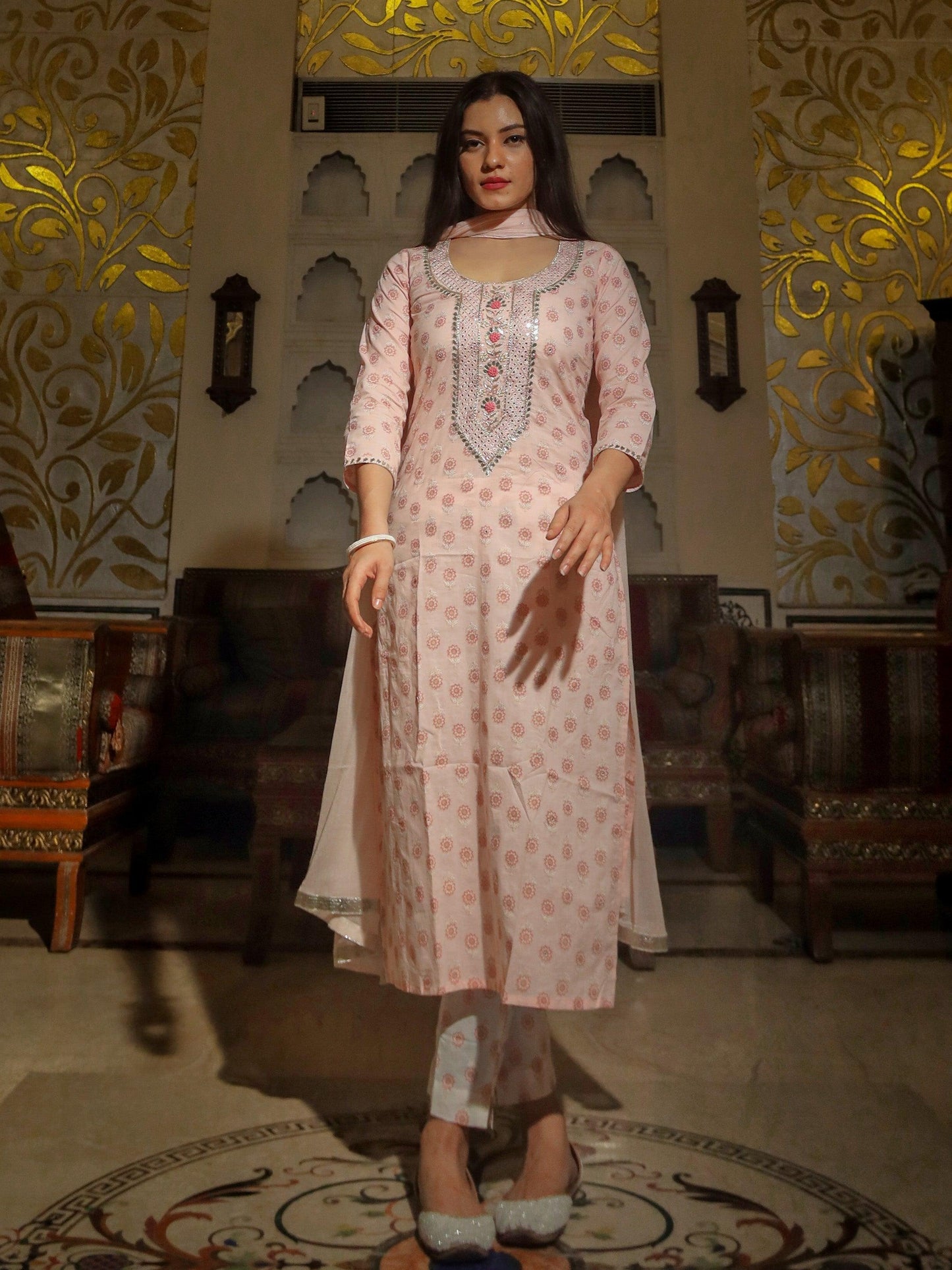 Baby Pink Cotton Kurta Pant Set With Chiffon Dupatta | LASVINI - Redefining Indian Fashion with Elegance