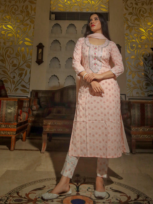 Baby Pink Cotton Kurta Pant Set With Chiffon Dupatta | LASVINI - Redefining Indian Fashion with Elegance