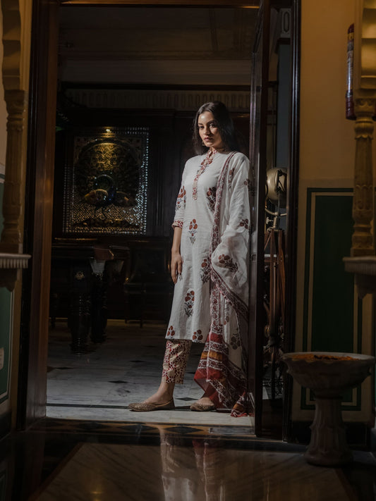 Women'S White Cotton Kurta Pant Set With Dupatta | LASVINI - Redefining Indian Fashion with Elegance